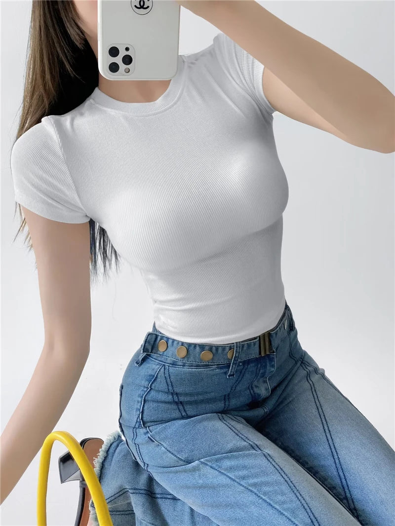 STVY Women's Slim Fit Solid Knit Tee with O-Neck - High Street Spring/Summer Top