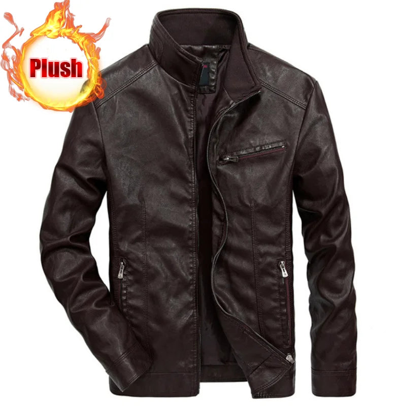 Men Autumn Winter Leather Jacket Coat Men's Retro Stand Collar Motorcycle Warm Fleece PU Leather Jacket