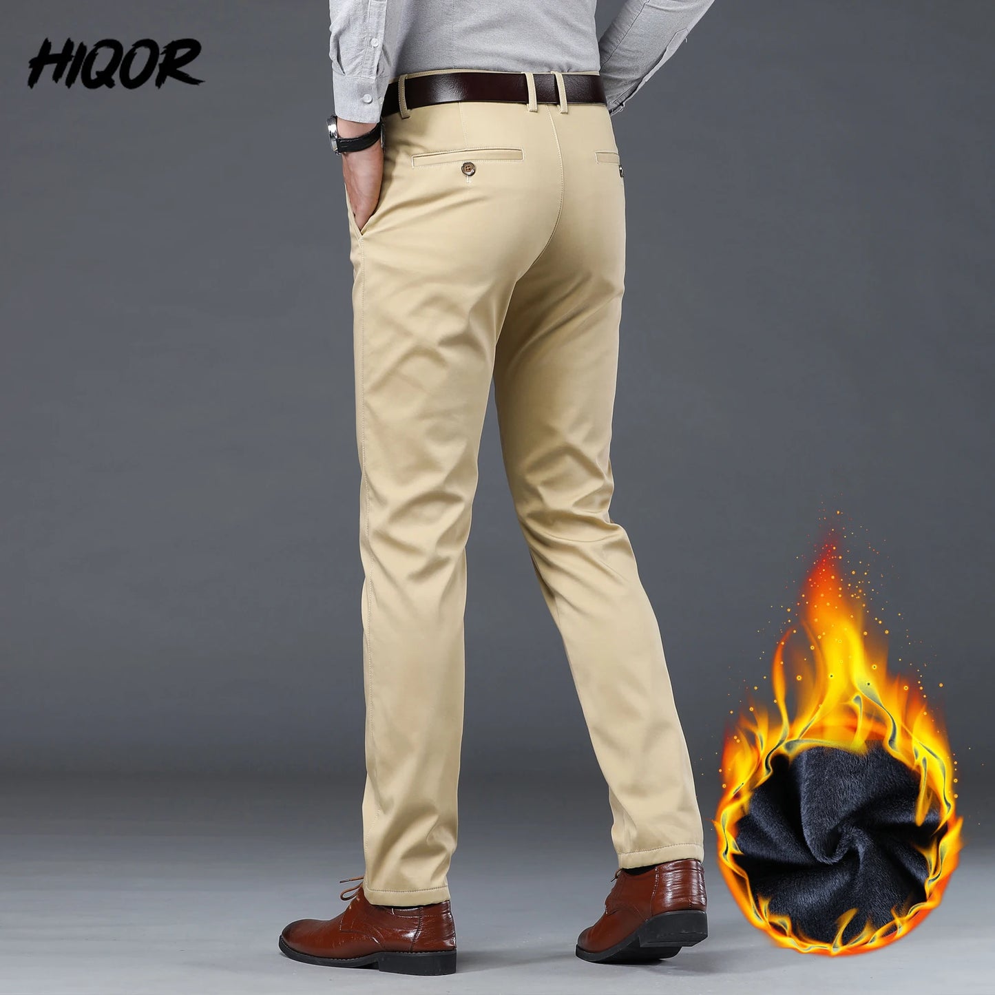 HIQOR Winter Fleece Men's Casual Pants Stretch Solid Business Straight Trousers ideally for Office .