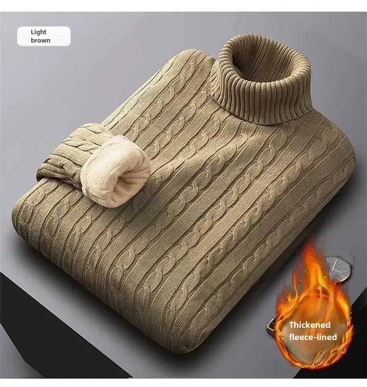 Men's Polo Turtle Neck Sweater Thick Cotton Knitted Top Fleece-Lined And Thickened Warm Bras Soft Winter Jumper