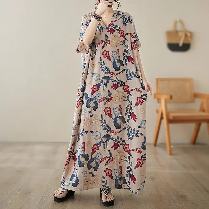 Boho Floral Cotton-Linen Summer Dress for Women – Ankle-Length, Loose Fit, O-Neck