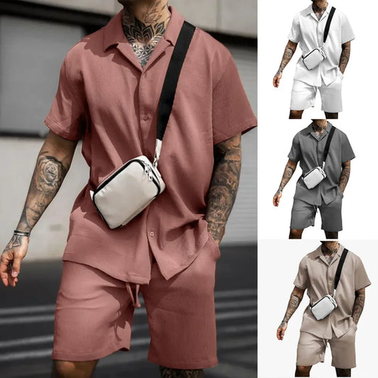 Men's New Casual Comfortable Button Short Sleeve Polo Shirt and Shorts Suit