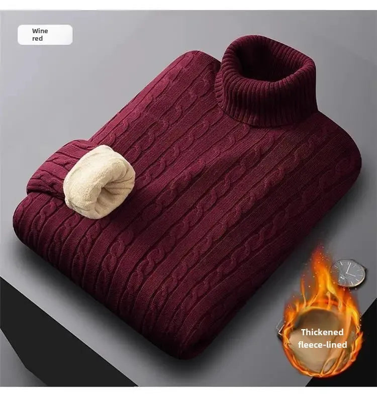 Men's Polo Turtle Neck Sweater Thick Cotton Knitted Top Fleece-Lined And Thickened Warm Bras Soft Winter Jumper