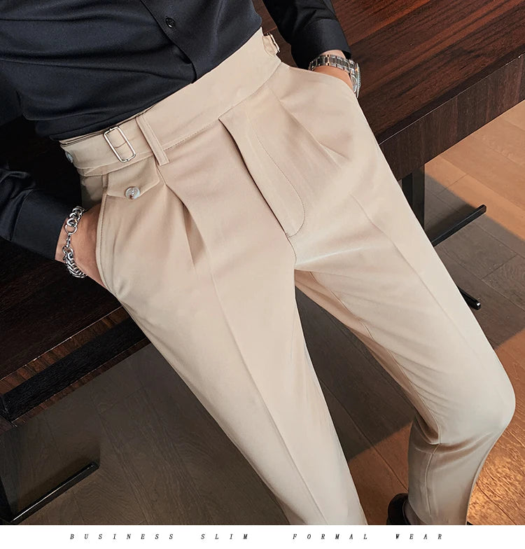 British Style New Solid High Waist Pant Men Business Formal Wear Trousers 2024 High Quality Slim Casual Office Suit