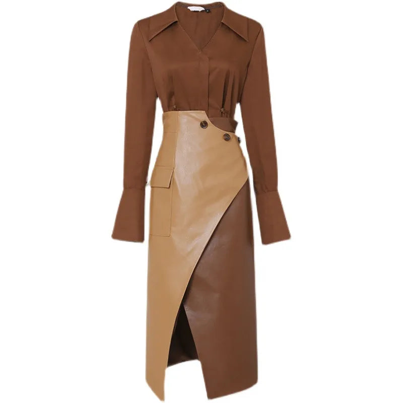 Autumn Elegant Women's Clothes 2023 New Temperament Brown Blouse Shirt Irregular PU Leather Long Skirt Two Piece Sets