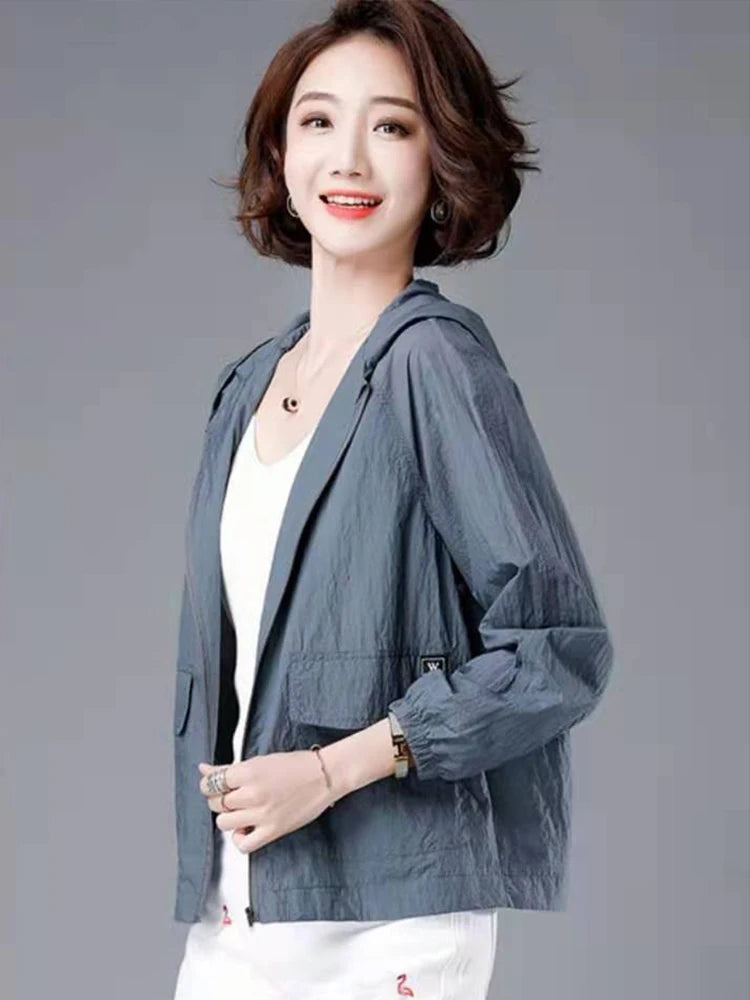 CHUJIE Women's Lightweight Hooded Summer Jacket – Office Lady Style, Zipper Closure