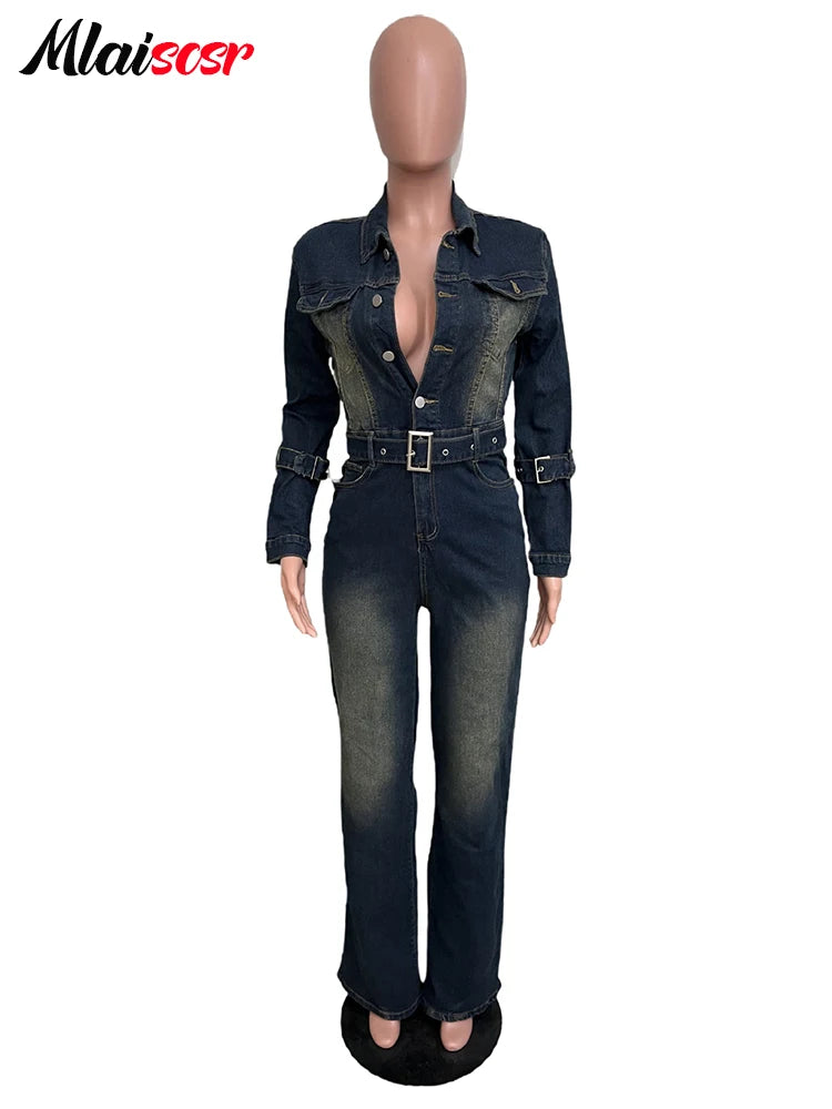 Mlaiscsr Stretch Denim One Piece Jumpsuits with Belt Winter Long Sleeve Lapel Washed  women Jeans