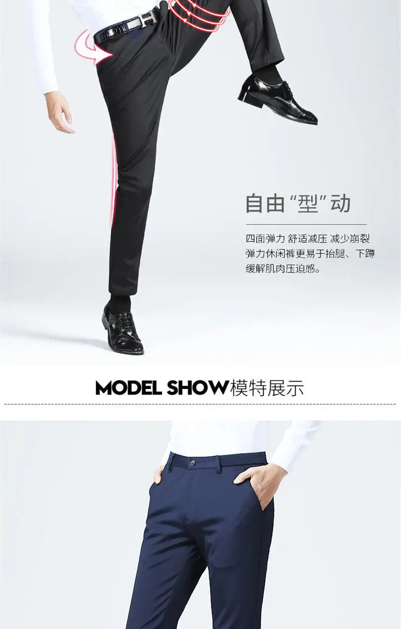 Men's Summer Casual Elastic Non-ironing Trousers coloured in Black Slim-fit Straight Business Formal Trousers