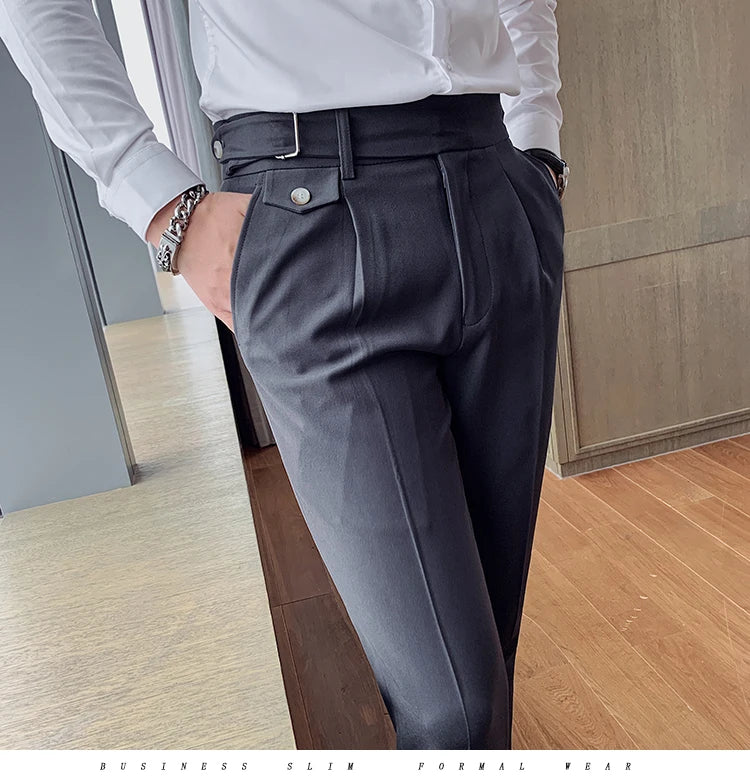 British Style New Solid High Waist Pant Men Business Formal Wear Trousers 2024 High Quality Slim Casual Office Suit