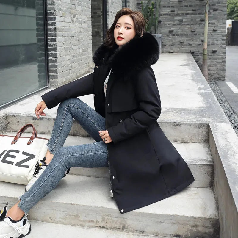 Winter Jacket 2023 New Women's Clothes Long Coat Wool Liner Hooded Jacket Fur Collar Thick Warm Snow Wear