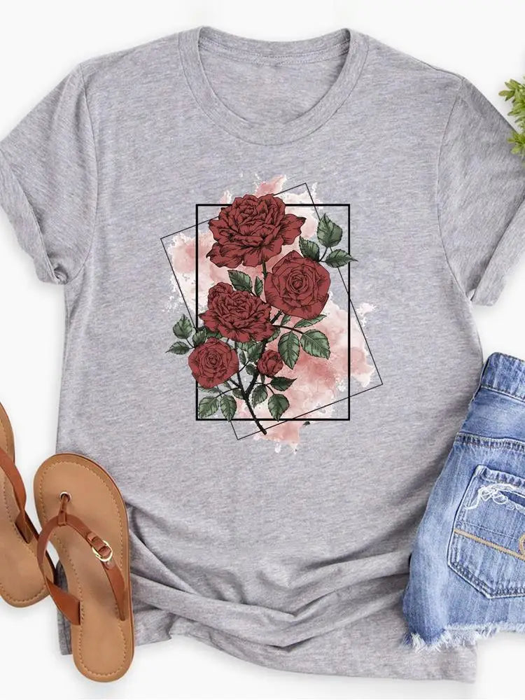 NoEnName_Null Casual Cartoon Print T-Shirt for Middle-Aged Women - Comfortable &amp; Stylish for Summer