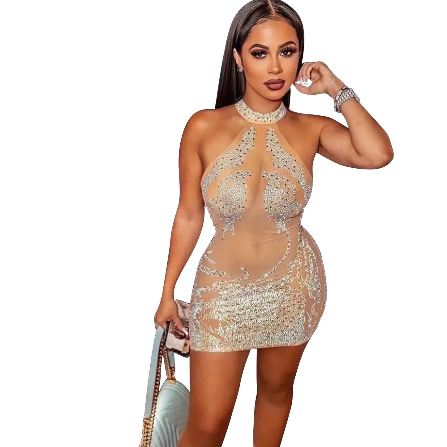 Sexy Mesh Rhinestone Short Prom Evening Mini Dress See Through Outfits Luxury For Women Night Club Party Diamond Bodycon Dresses