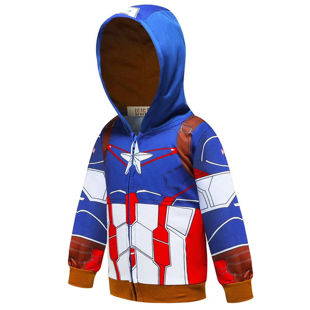 Kids Spiderman Hulk Thor Iron Man Hoodies Cosplay  Cartoon Print Zipper Hooded Jacket for Children