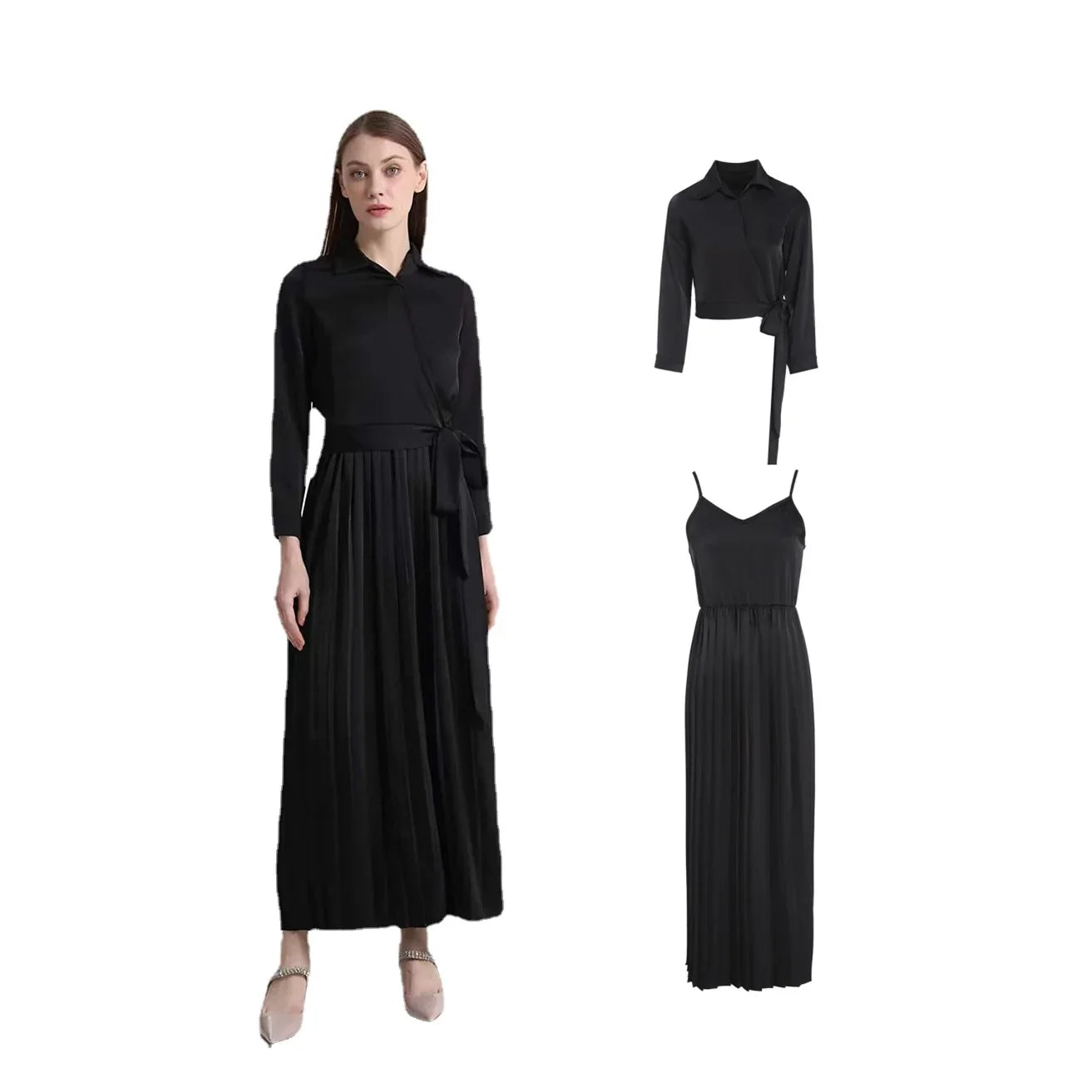 AP Satin Wrap Blouse & Pleated Jumper SS24 Women Top Strap Dress Elegant Lady Clothing