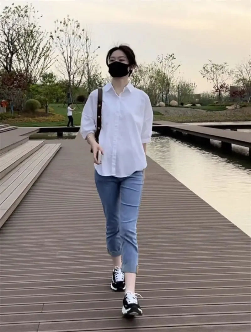 NoEnName_Null Women's Loose Fit Casual Shirt – Turn-down Collar Batwing Sleeve Cardigan