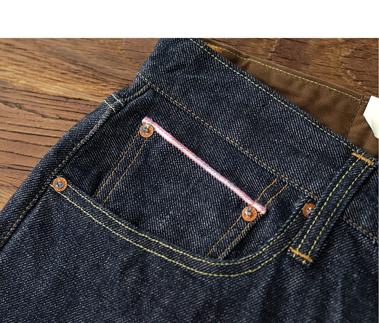 Autumn American Retro 15.5OZ Primary Colour Red Ear Selvedge Denim Jeans Men's 100% Cotton Washed Old Heavyweight Straight Pants