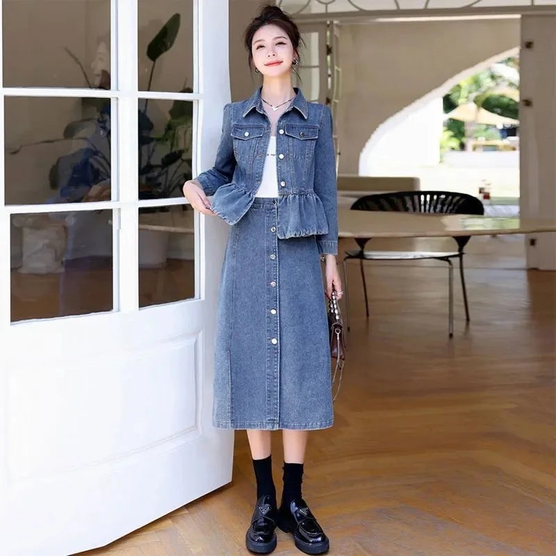 Cowboy Jacket Female New Spring And Aautumn Jacket And Jean Skirt Two-Piece Suits