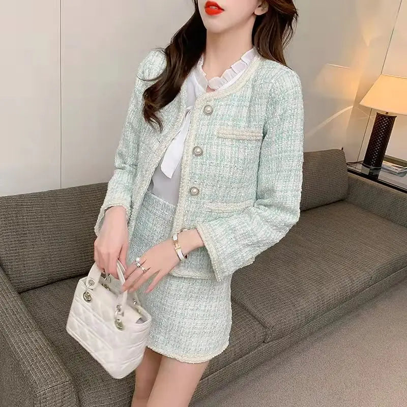 Womens Two Peice Sets 2024 Autumn Winter New Short Tweed Jacket Office Lady High Waist Skirts short Suits