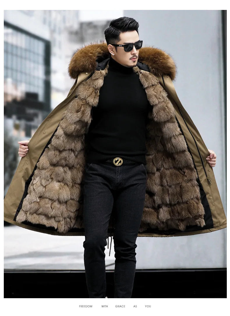 Hot Sales 2023 Men's Thickened Warm Parka Mid Length Detachable Fox Fur Lining Raccoon Winter Fur Coat