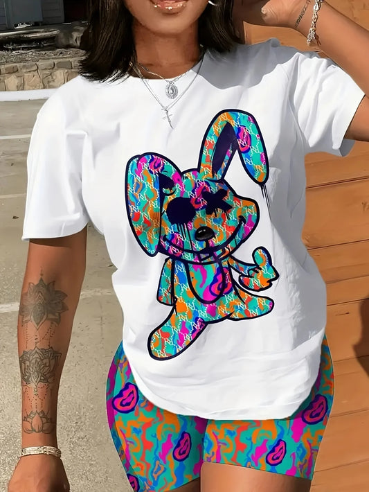 Cartoon Rabbit Print T-shirt, Casual Crew Neck Short Sleeve Summer T-shirt,