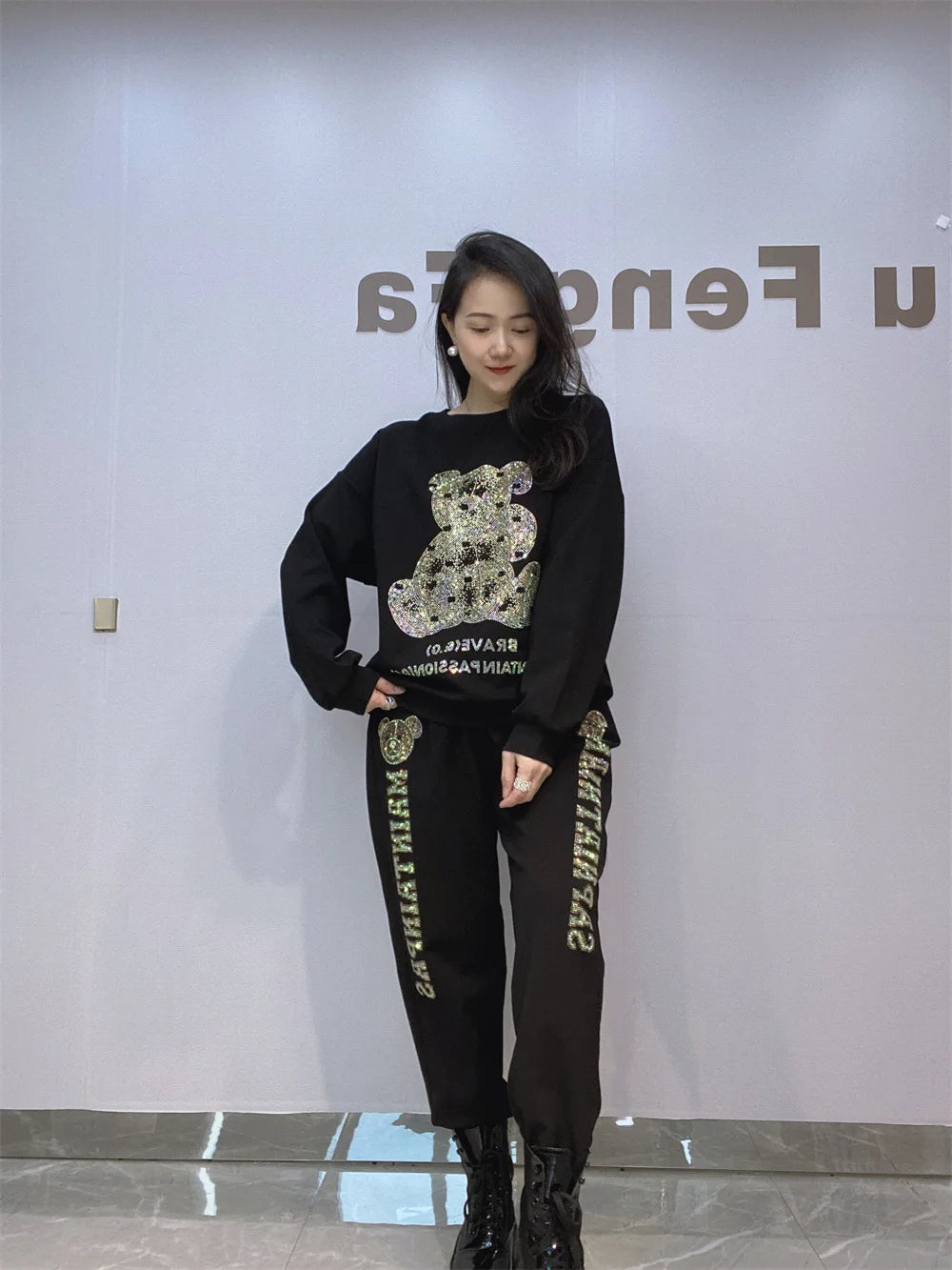 NoEnName_Null Casual Autumn/Winter Cartoon Pattern Pullover Set with Drawstring Waist and Pockets  &nbsp;