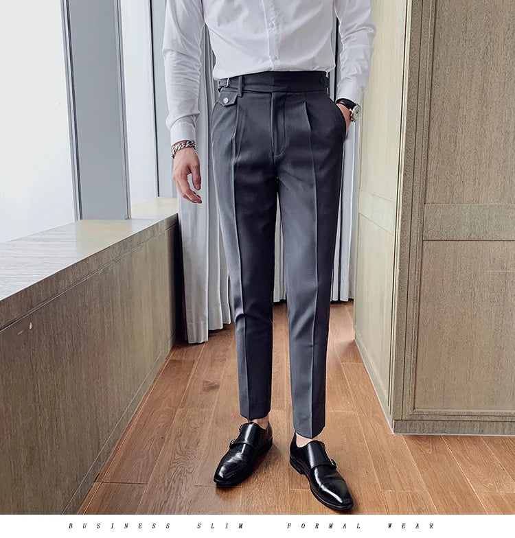 British Style New Solid High Waist Pant Men Business Formal Wear Trousers 2024 High Quality Slim Casual Office Suit