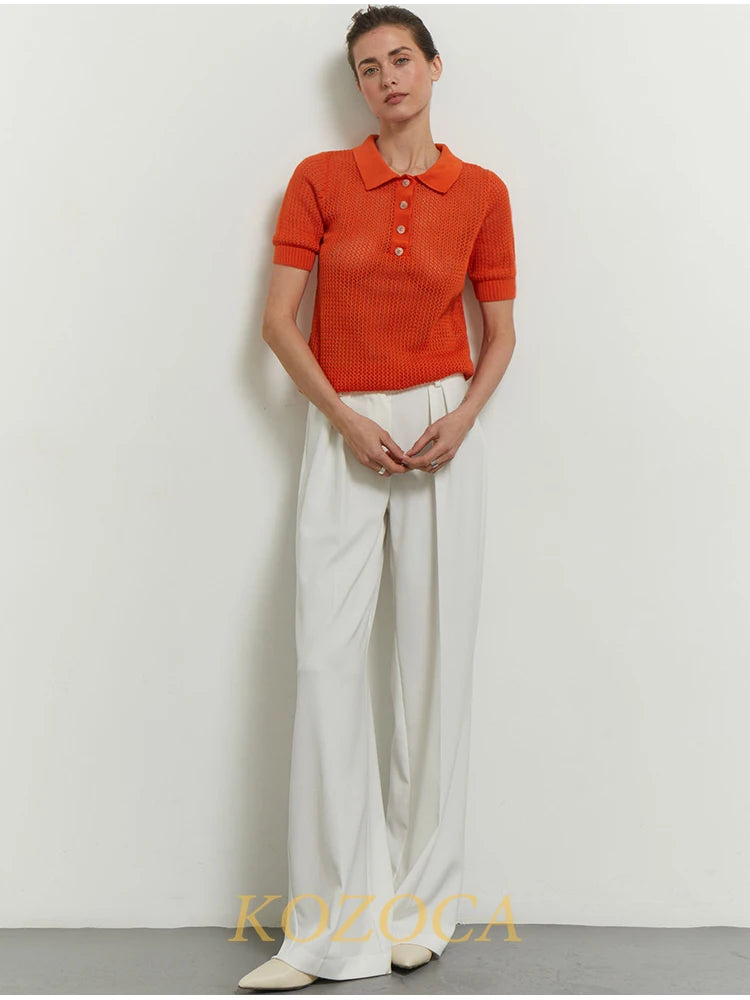 KOZOCA Women's Hollow-Out Knit T-shirt – Casual Solid Spring/Summer Top