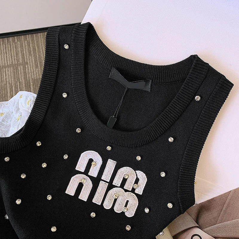 Luxury Embroidered Letter Tank Top for Junior Women – Cotton &amp; Polyester Blend, Summer Style