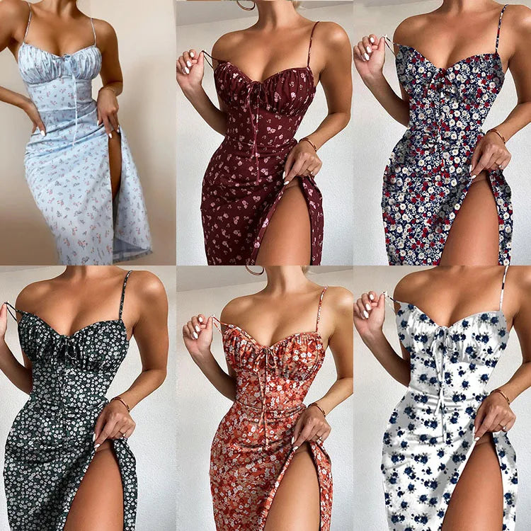 Flower Printed Spaghetti Strap Dresses For Women Sexy Low Cut Beach Party Slim Slit Dress