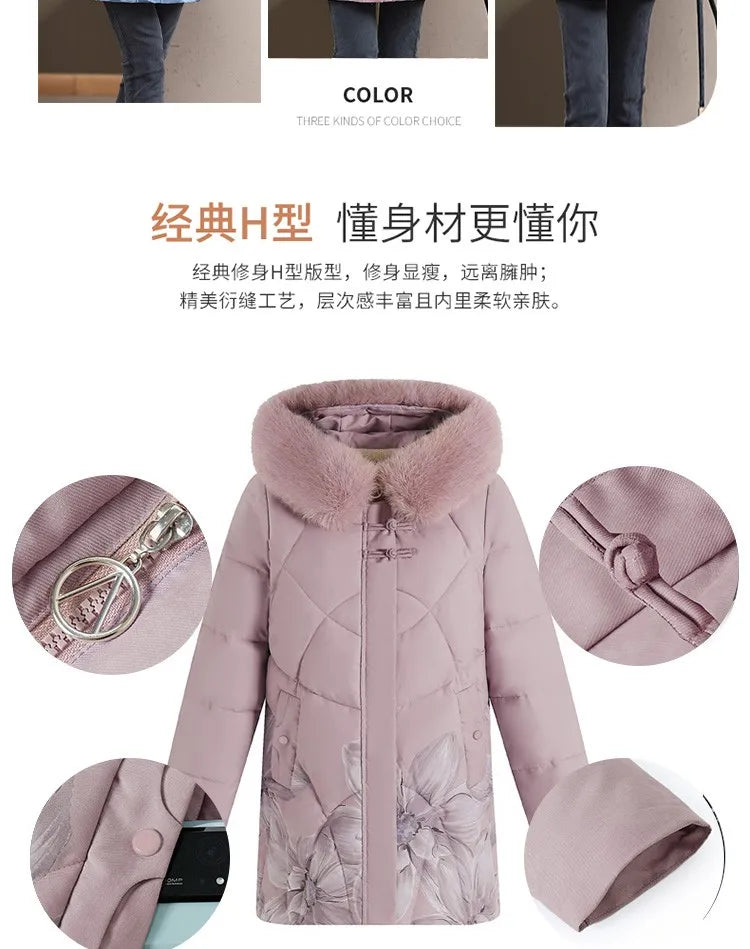 Women Winter Jacket Long Warm Thicken Cotton Padded Jacket Hooded  Middle Aged Women's Clothes