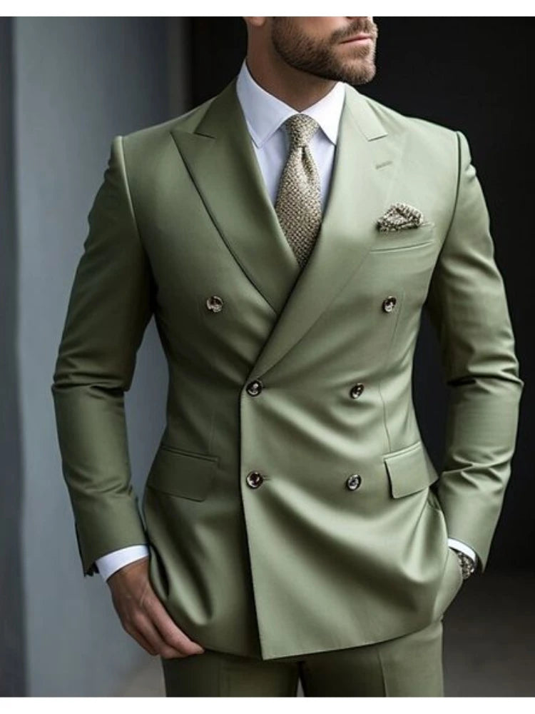 Sage Green Men's Wedding Suits Solid Colour 2 Piece Daily Plus Size Double Breasted Six-buttons Formal Business Suits