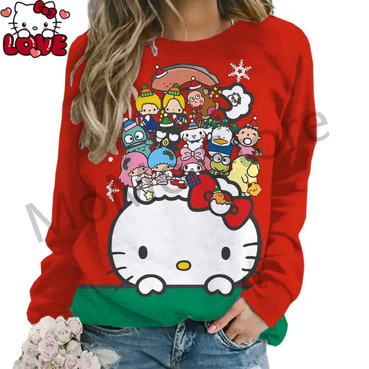 Women's Long Sleeve Hello Kitty O Neck Lovely Pullovers Y2k Streetwear shirt S-3XL New High Quality Kawaii Clothes