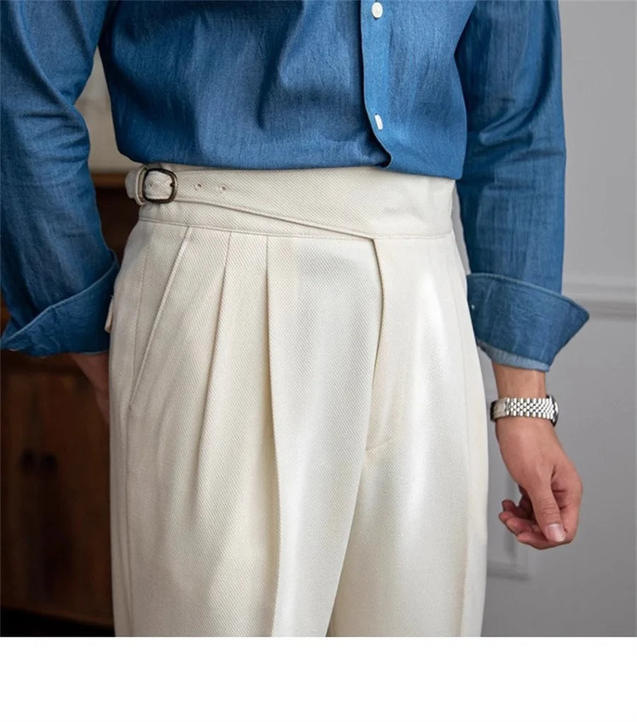 Men Solid Color Suit Trousers Spring Trendy Belt High Waist Pants Male Business Office Fashion Pleated Straight Pants Streetwear