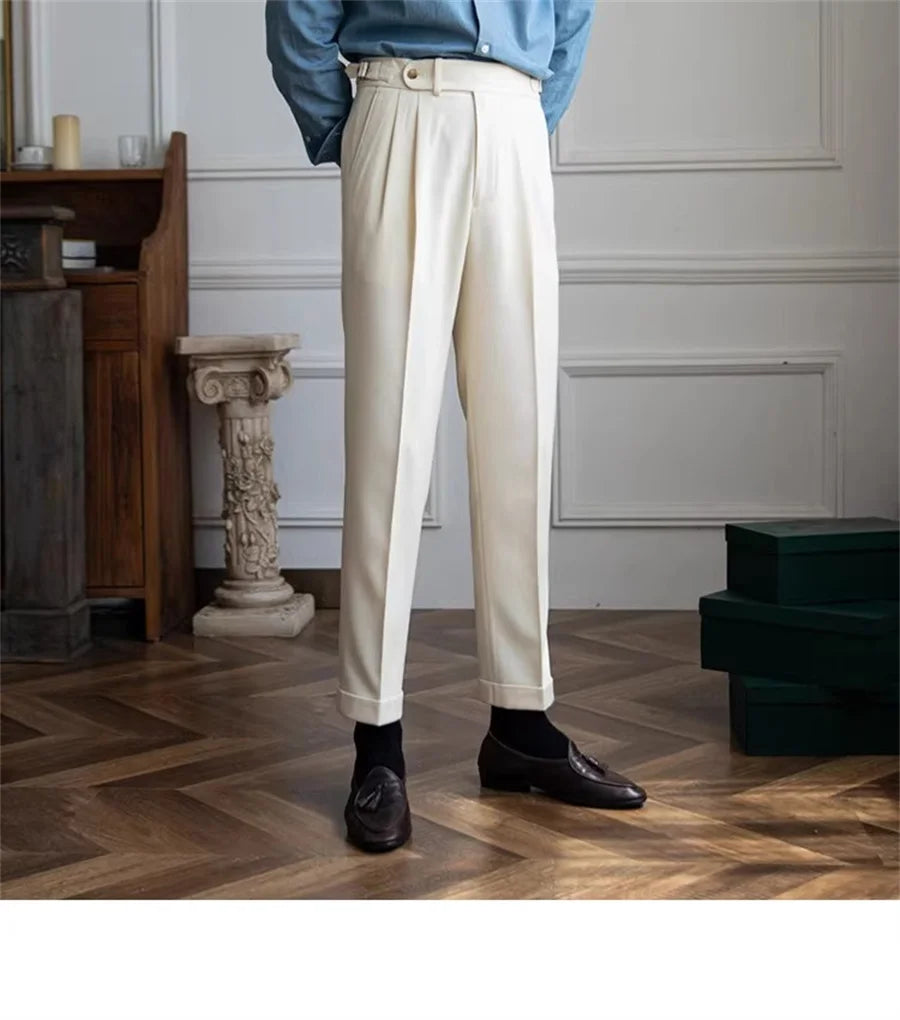 Men Solid Color Suit Trousers Spring Trendy Belt High Waist Pants Male Business Office Fashion Pleated Straight Pants Streetwear