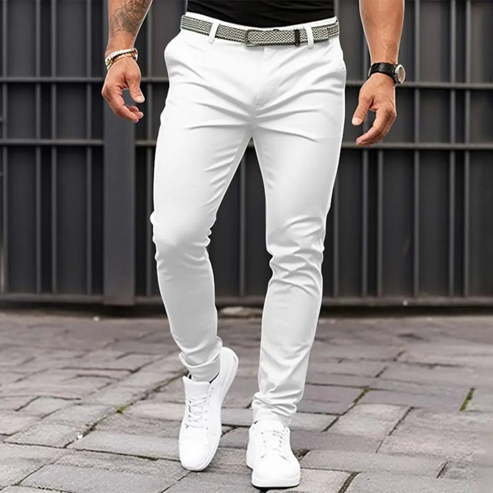 Slim Fit Pants Men's Solid Colour with Mid-rise Slant Pockets Zipper Fly  ideally for Business Office