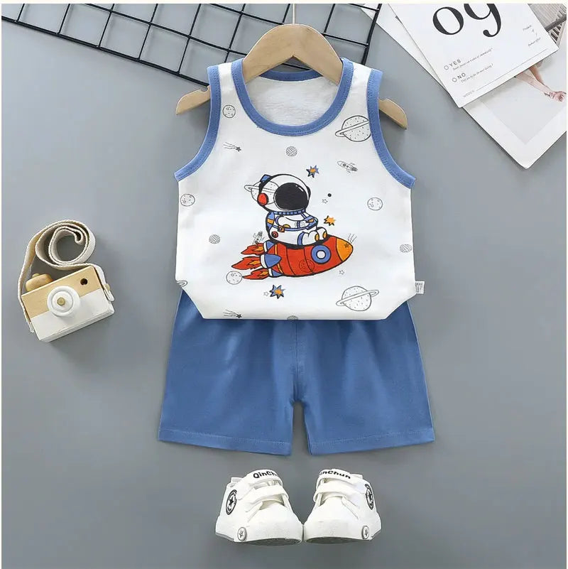 NoEnName_Null Unisex Baby Cartoon Print Pullover Shorts Set for Toddlers (Ages 1-3Y)