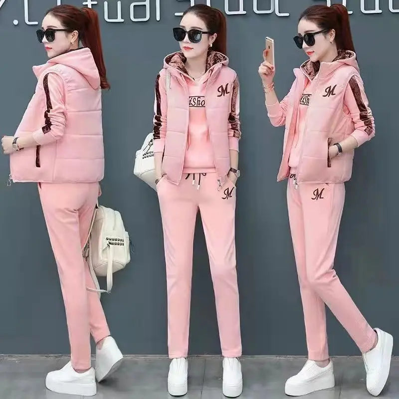 2024 Winter New Stripe Splice Long Sleeve Hooded Vest Casual Pants Three Piece Elegant Women's Running Sport Set