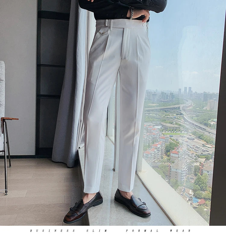 British Style New Solid High Waist Pant Men Business Formal Wear Trousers 2024 High Quality Slim Casual Office Suit