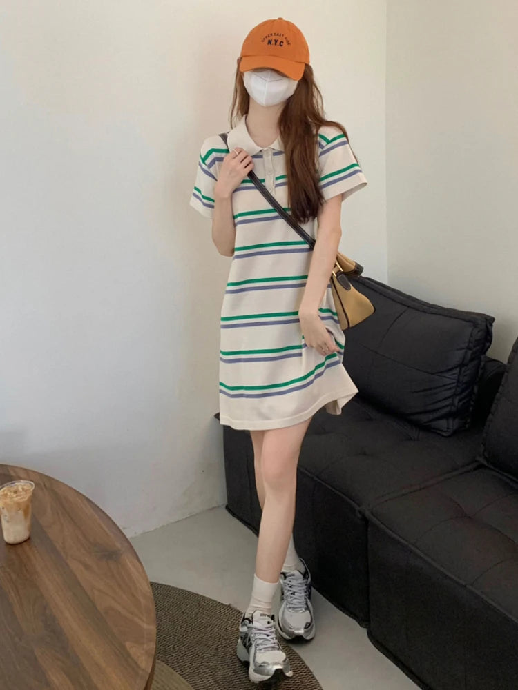 Frankivsk Women's Japanese Style Striped Turn-Down Collar Mini Dress for Spring/Summer