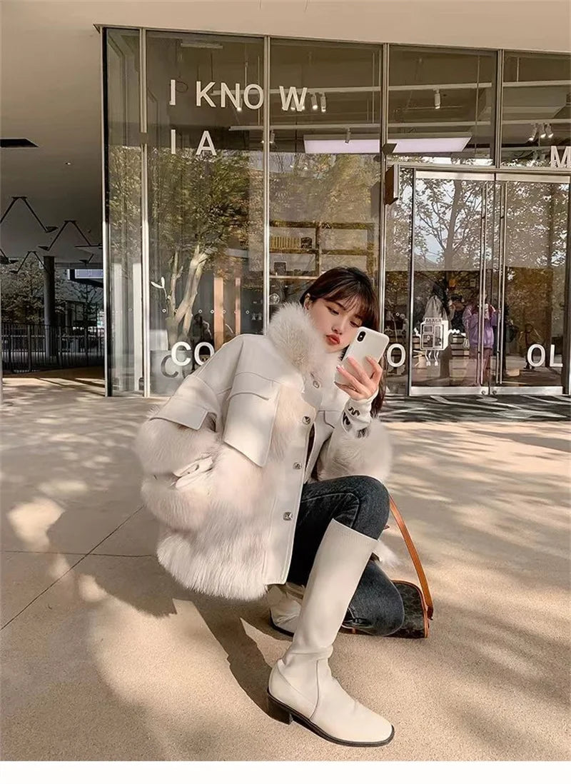 Retro Coffee Fur Coat  2024 Winter Loose Korean Version Fashionable Imitation for wome Fox Fur Thickened Haining High-end Coat