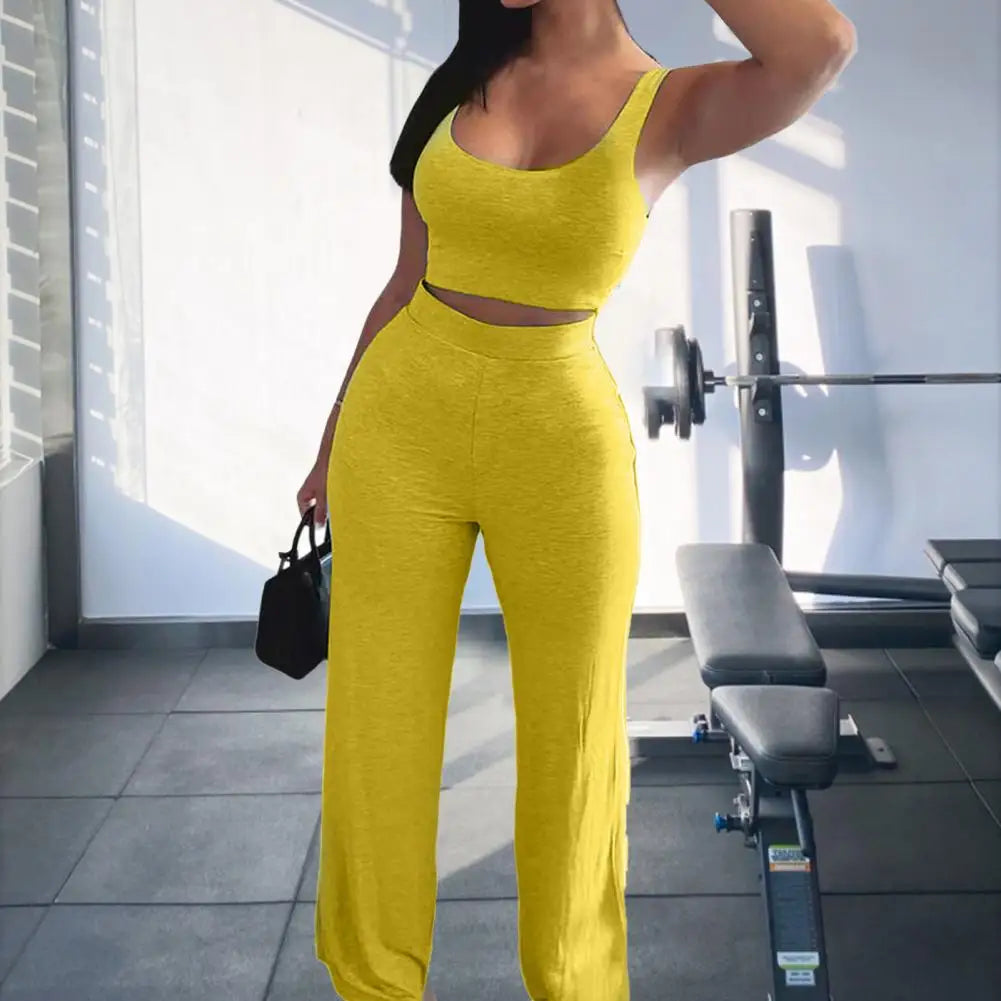 Women Tracksuit Slim Sexy Sling Navel Exposed Tube Top Flared Legs Pants Set Solid Colour Sleeveless Tops and Pants