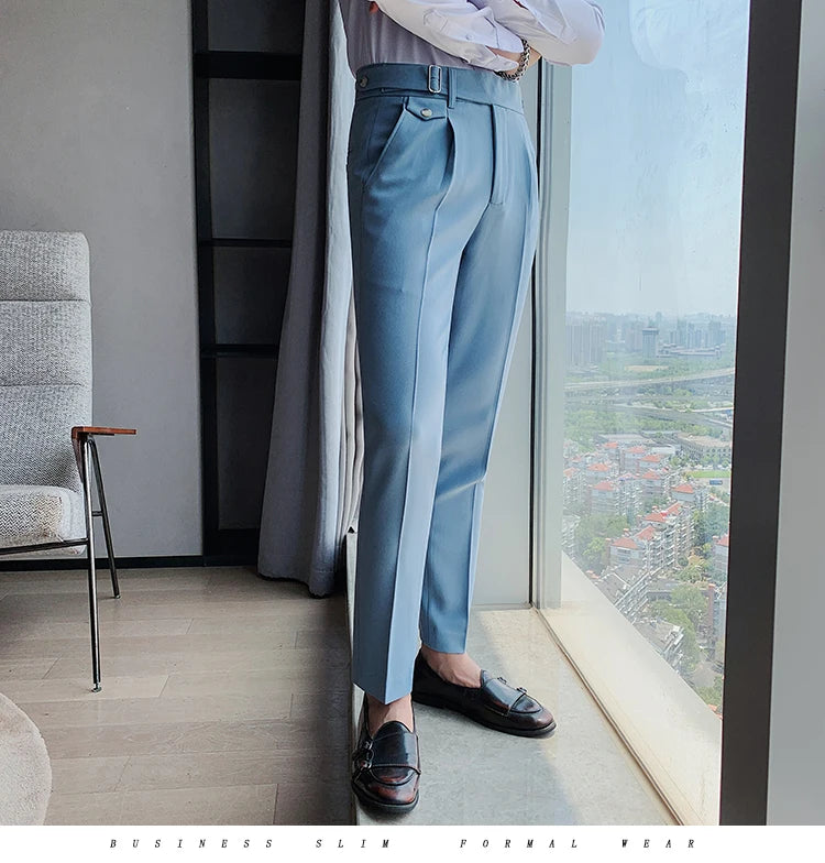 British Style New Solid High Waist Pant Men Business Formal Wear Trousers 2024 High Quality Slim Casual Office Suit