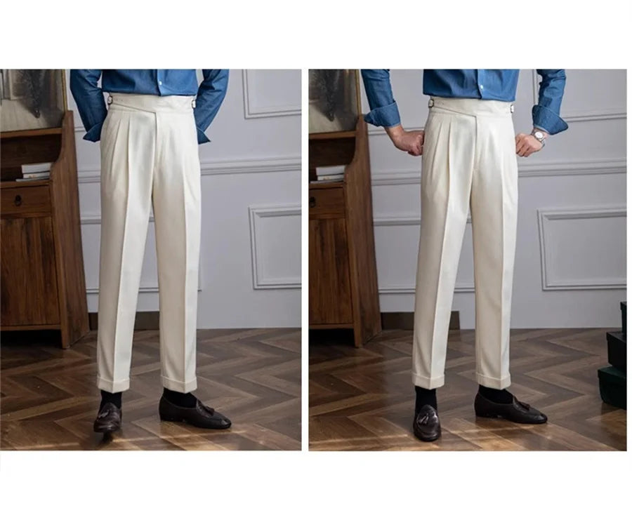 Men Solid Color Suit Trousers Spring Trendy Belt High Waist Pants Male Business Office Fashion Pleated Straight Pants Streetwear