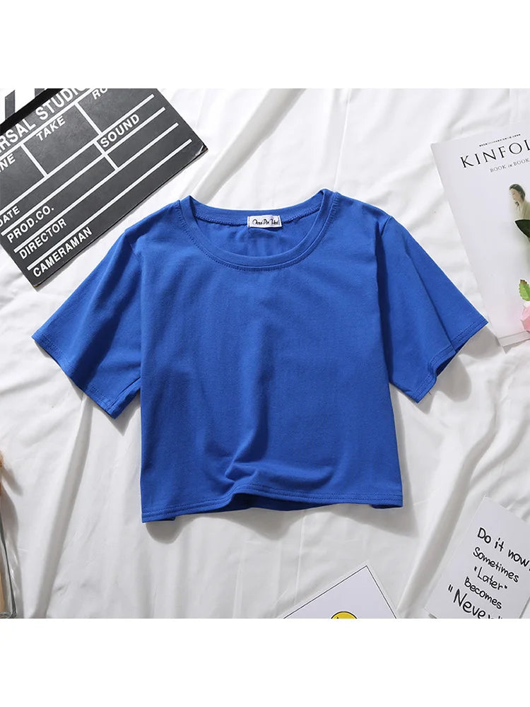 Summer Short Sleeve T Shirts Women  Solid O Neck High Waist Crop Top Tee Female Casual Loose T Shirt