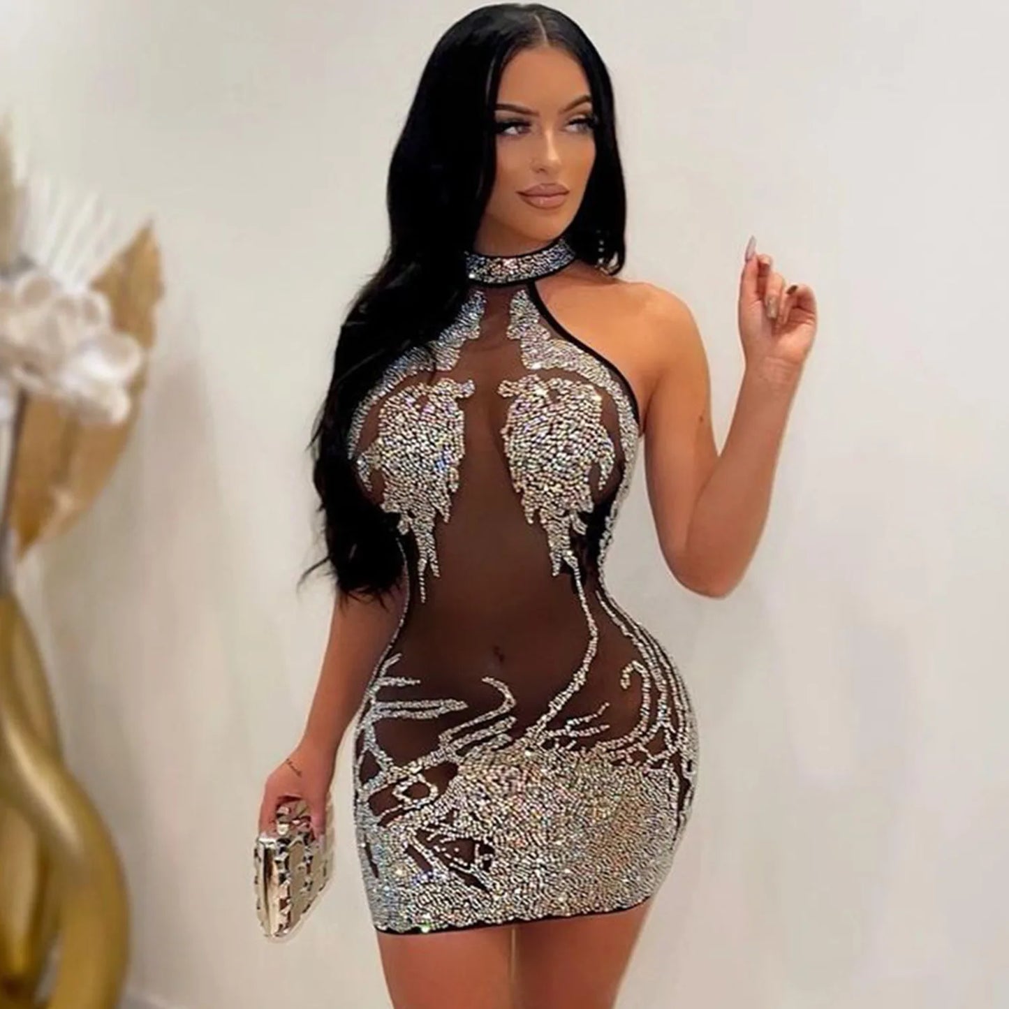 Sexy Mesh Rhinestone Short Prom Evening Mini Dress See Through Outfits Luxury For Women Night Club Party Diamond Bodycon Dresses