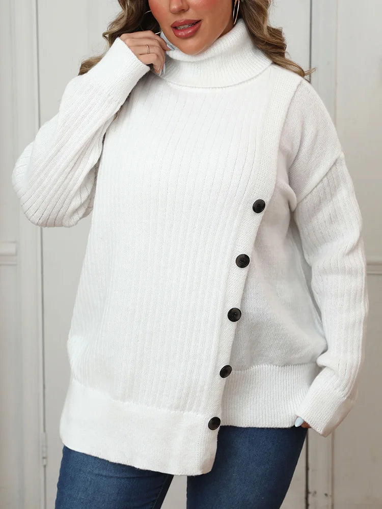 Plus Size Women's Turtleneck  Autumn Winter Drop Shoulder Button Casual Warm Pullover Female White Jumper