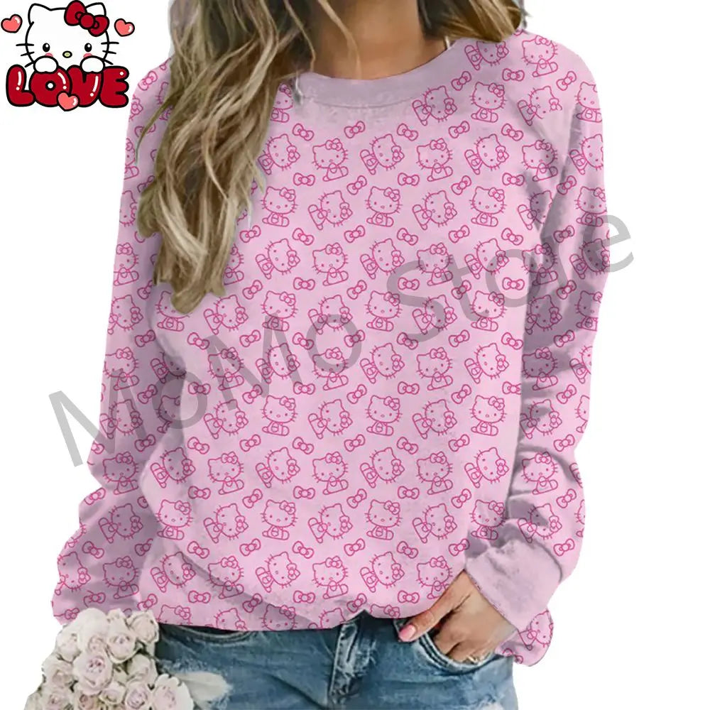 Women's Long Sleeve Hello Kitty O Neck Lovely Pullovers Y2k Streetwear shirt S-3XL New High Quality Kawaii Clothes