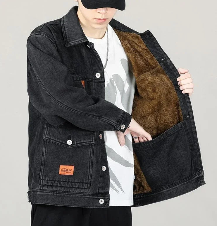 Shangkaka Men's Winter Denim Jacket – Japan Style with Patchwork Design and Detachable Lower Edge