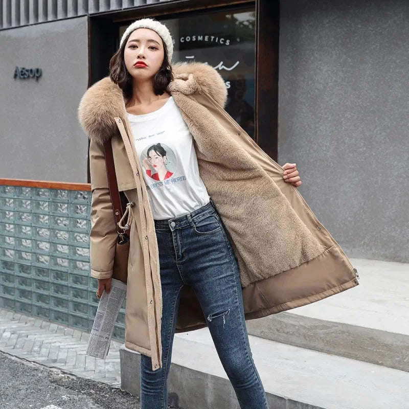 Winter Jacket 2023 New Women's Clothes Long Coat Wool Liner Hooded Jacket Fur Collar Thick Warm Snow Wear