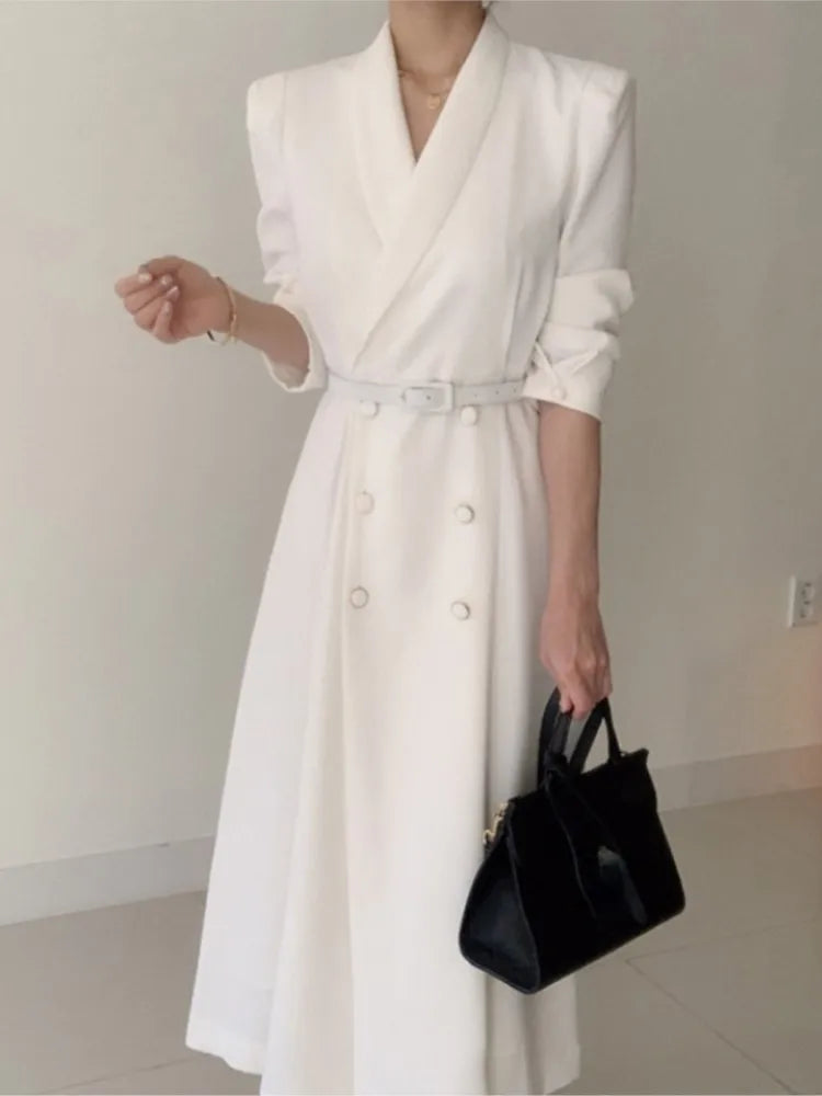 Women Autumn Double Breasted Elegant White Dresses Long Sleeve Casual Office Ladies A-Line Black Vestidos Femme Fashion Clothes